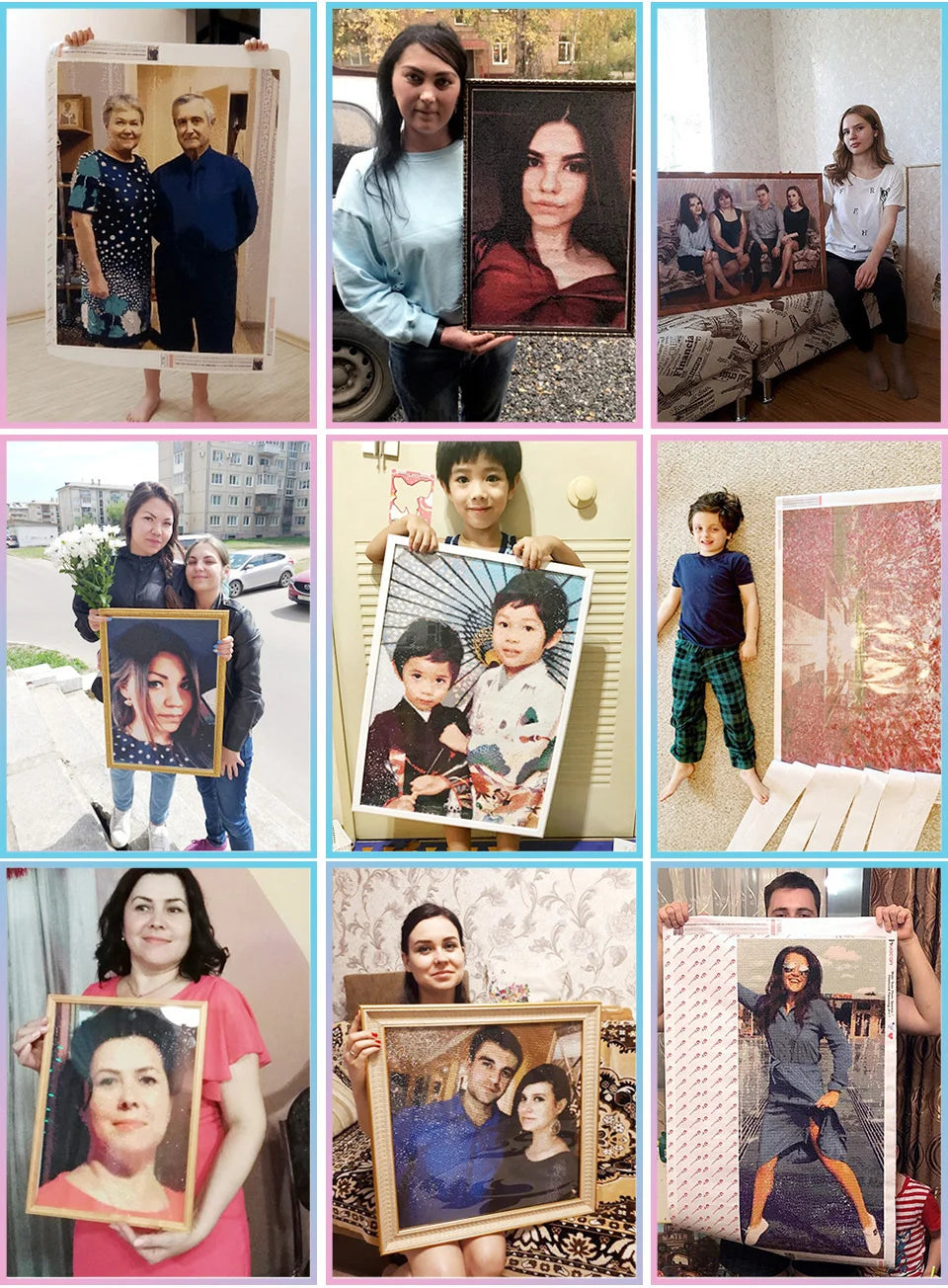 A collection of custom photo diamond painting kits featuring various portraits and scenes.