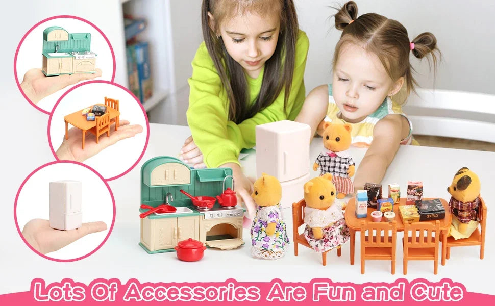A young girl plays with a dollhouse furniture set featuring a miniature kitchen and various accessories.