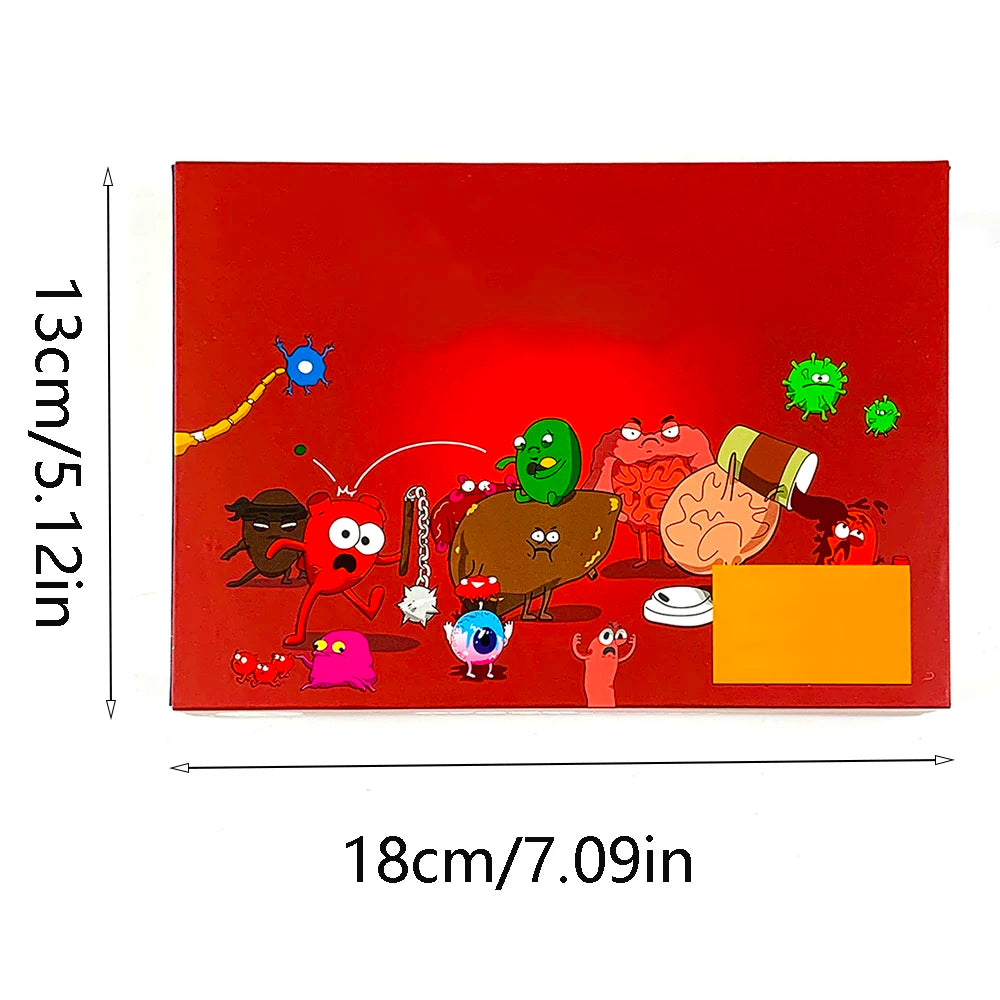 A red rectangular card game featuring various colorful, grotesque character illustrations.