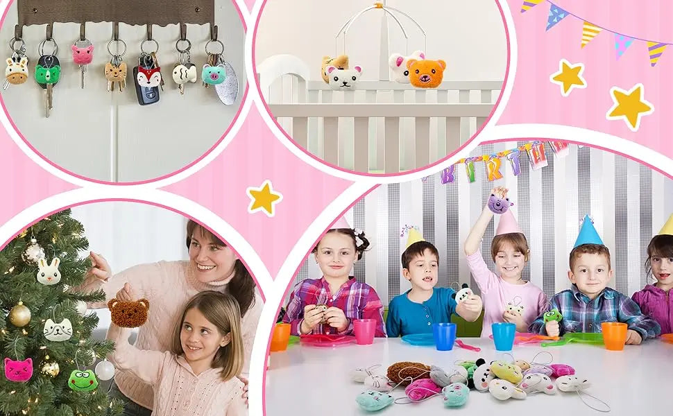Assorted mini animal plush toys with keychain loops displayed on a table and hanging rack.