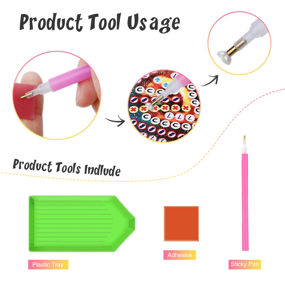 Image showing a diamond art kit with a pink sticky pen, adhesive, and a green plastic tray.