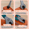 A set of tools showing how to twist, twist, turn, and clip a screw using an adjustable wrench on an orange plastic base.