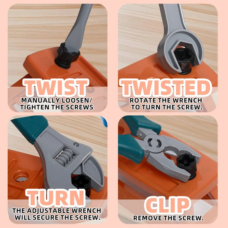 A set of tools showing how to twist, twist, turn, and clip a screw using an adjustable wrench on an orange plastic base.