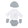 A set featuring a gray knitted hat, a white long-sleeved shirt with a bear print, and matching gray pants.
