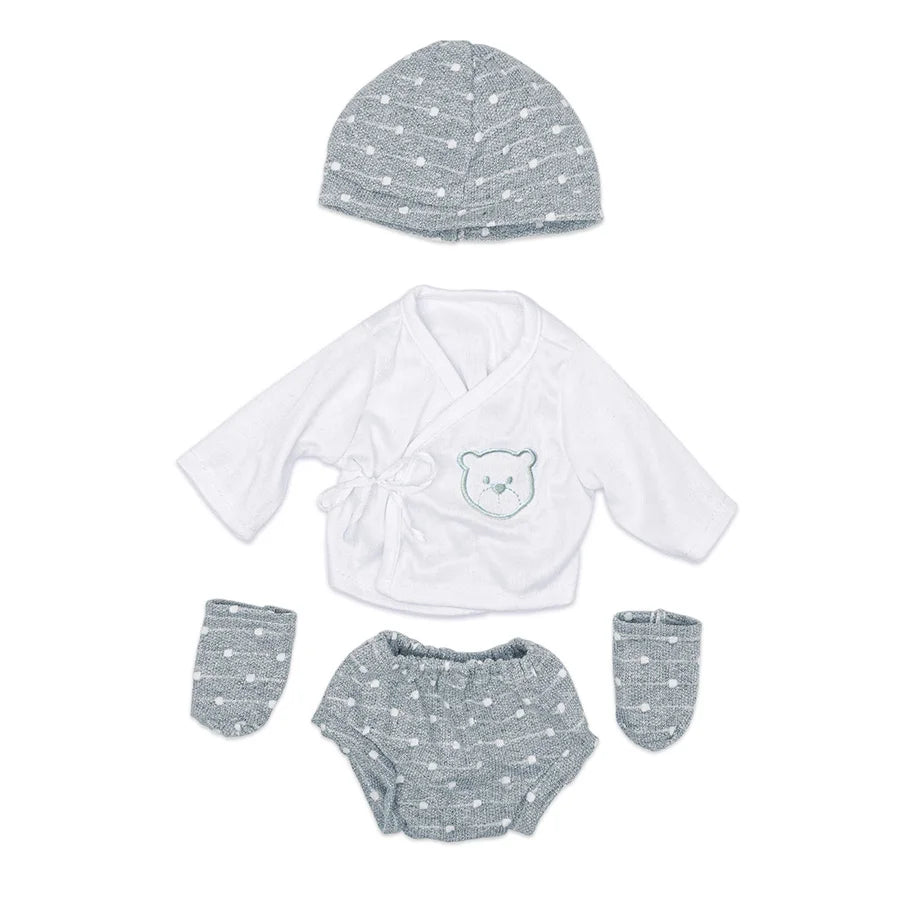 A set featuring a gray knitted hat, a white long-sleeved shirt with a bear print, and matching gray pants.