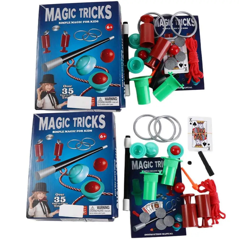 A box of Magic Tricks for Kids kit showing various magic props and an instruction manual.
