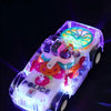 A transparent gear car with lights and music is shown, featuring a police theme and colorful internal components.