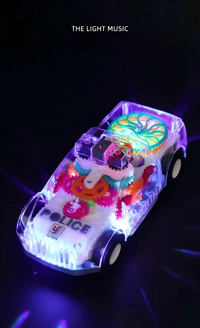 A transparent gear car with lights and music is shown, featuring a police theme and colorful internal components.