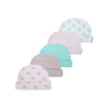 A collection of five baby hats featuring various pastel colors and cartoon animal patterns.