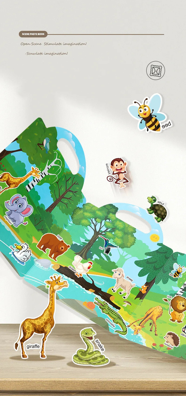 A page from a reusable cartoon sticker book showing various jungle animals like a giraffe, monkey, and snake.