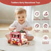 A toddler is playing with a red wooden bus Montessori busy board designed for early educational toys.