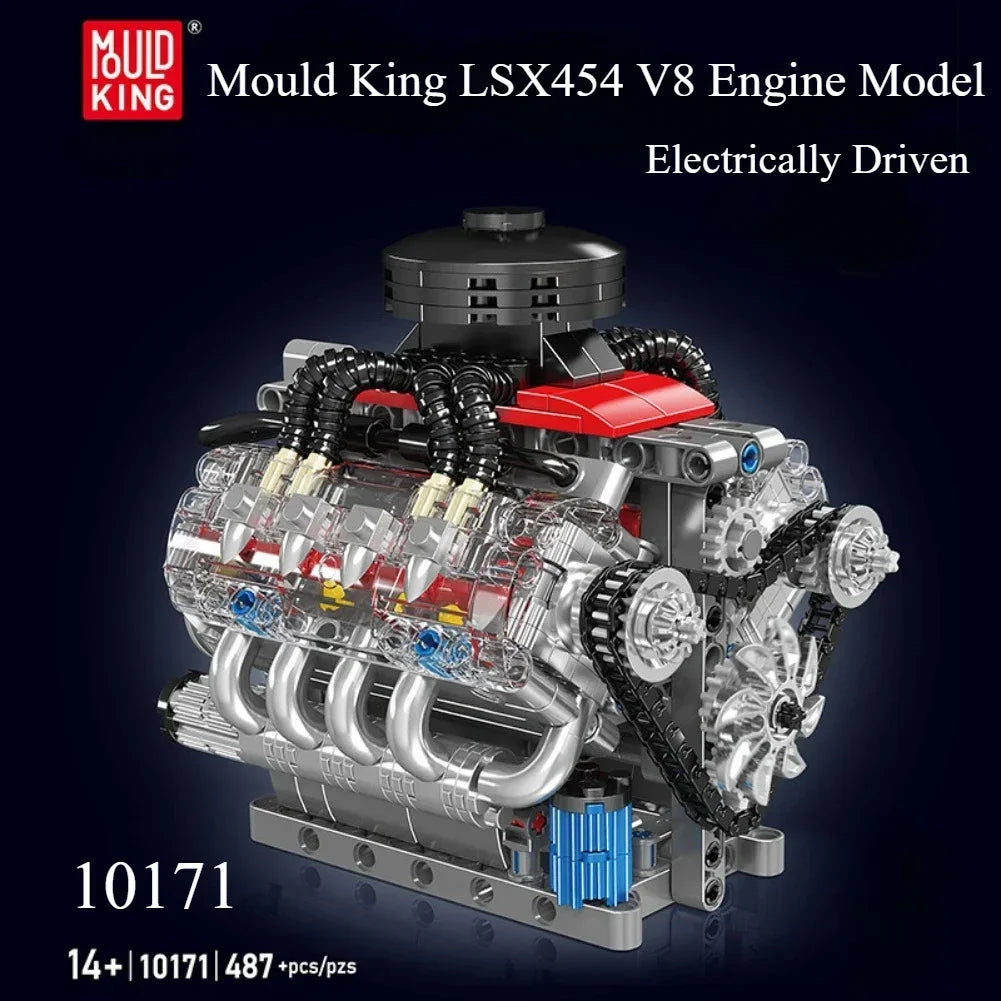 Mould King LSX454 V8 Engine Model electrically driven with detailed components and wiring