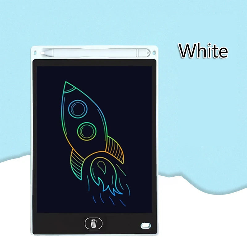 A white 8.5-inch LCD drawing tablet showing a neon green rocket doodle on a black screen.