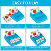 A set of blue learning cards and blocks for a 2-in-1 matching letter and number game.