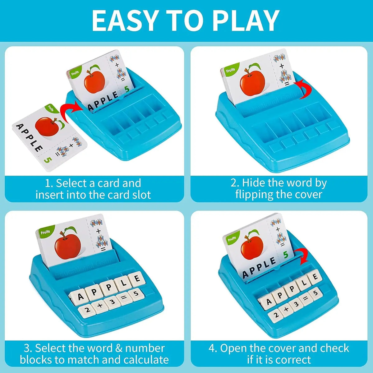 A set of blue learning cards and blocks for a 2-in-1 matching letter and number game.