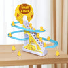 A yellow and blue interactive climbing duck race track toy with a small duck figure.