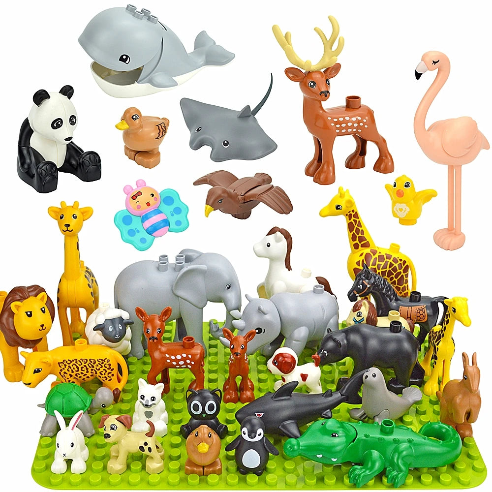 A collection of plastic zoo animal building blocks featuring various mammals, birds, and reptiles in natural colors.