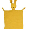 A yellow bunny-shaped muslin comforter blanket with long ears.