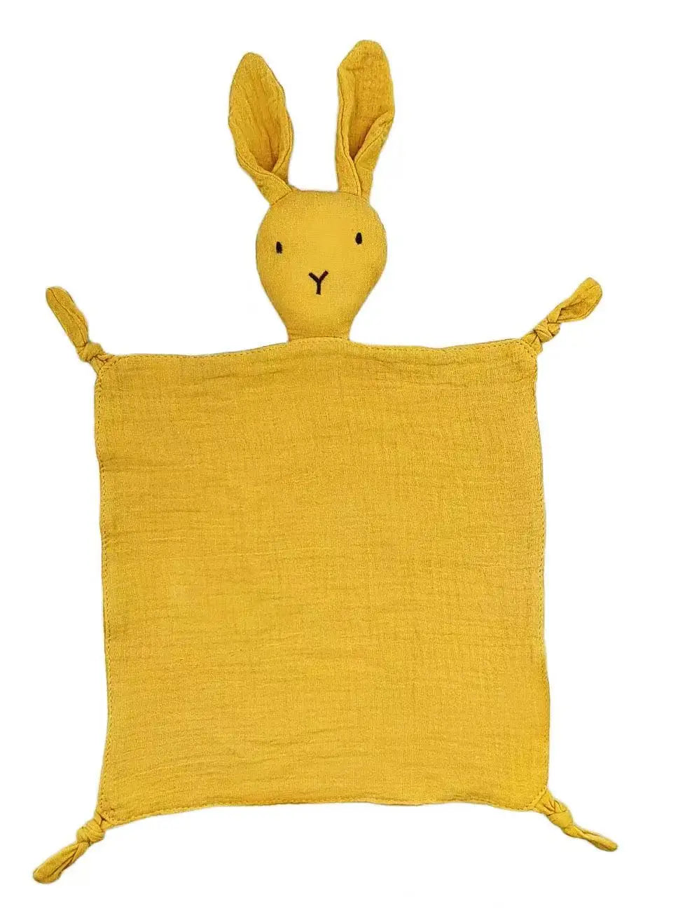 A yellow bunny-shaped muslin comforter blanket with long ears.