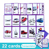 A set of 22 themed transportation flashcards for kids featuring vehicles like cars, trains, buses, airplanes, and ships.