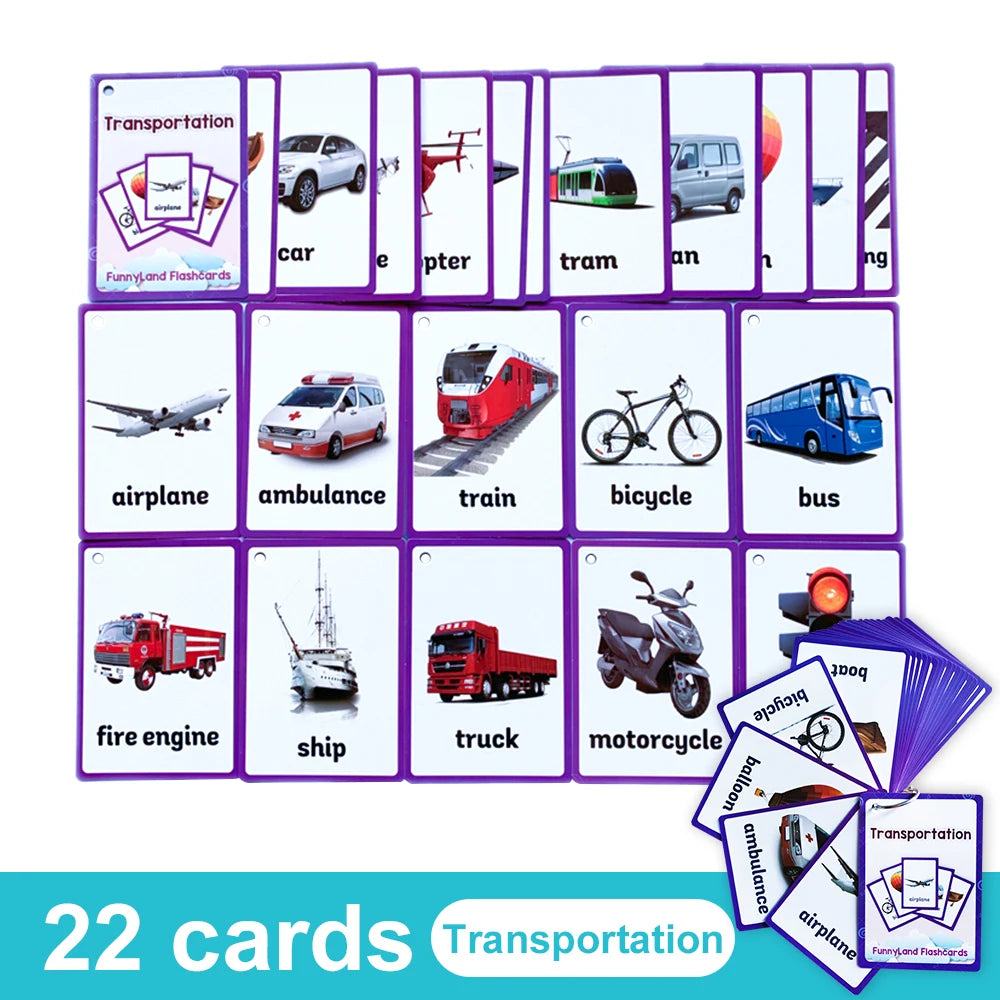 A set of 22 themed transportation flashcards for kids featuring vehicles like cars, trains, buses, airplanes, and ships.