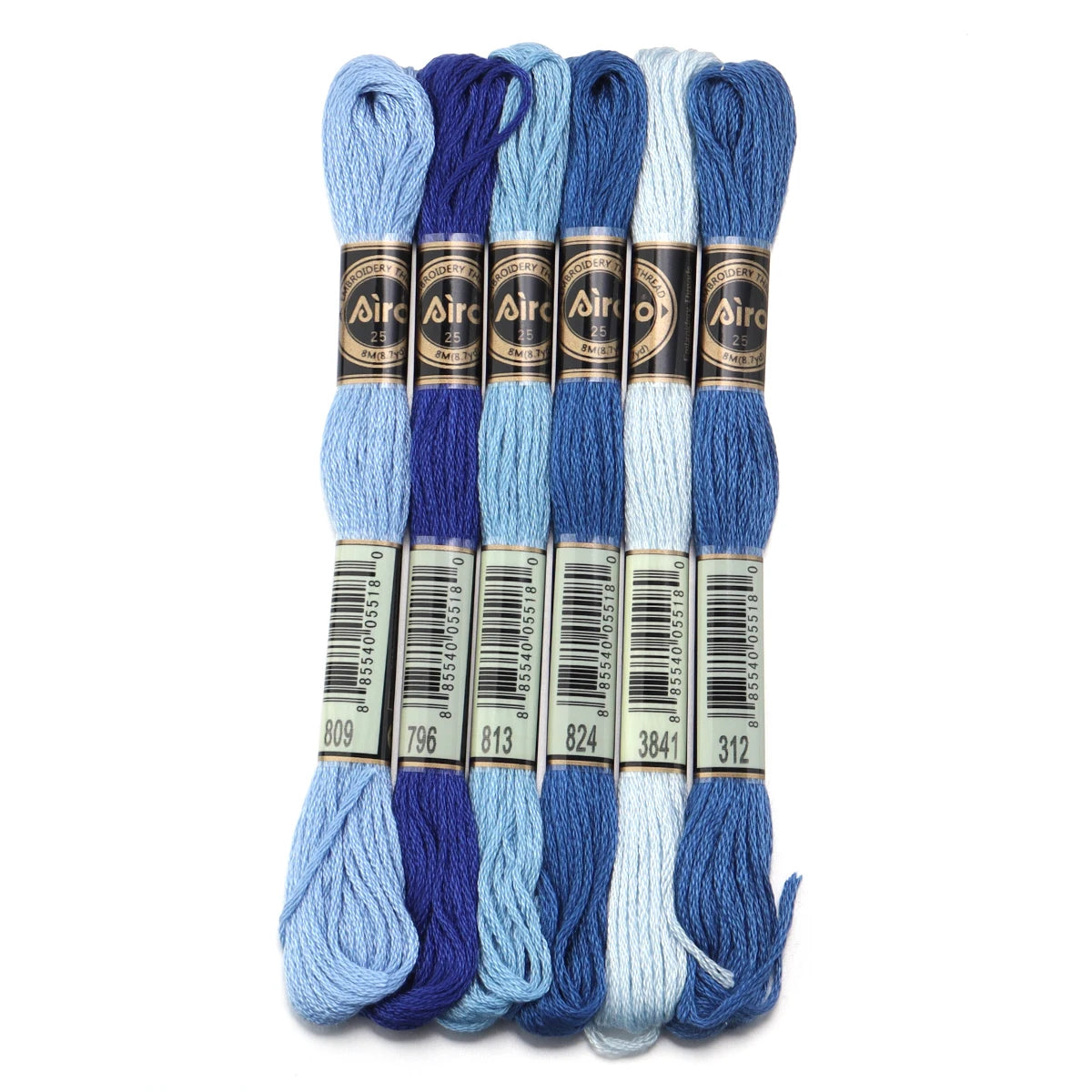 A set of six skeins of vibrant embroidery thread in various shades of blue and teal for cross stitch and DIY crafts