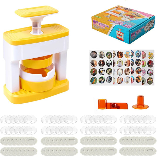 A yellow and white badge and pin maker kit with various molds and components for creating badges.