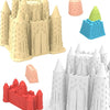A set of castle sand play accessories including a large castle structure, towers, and various colored pieces for summer or wi