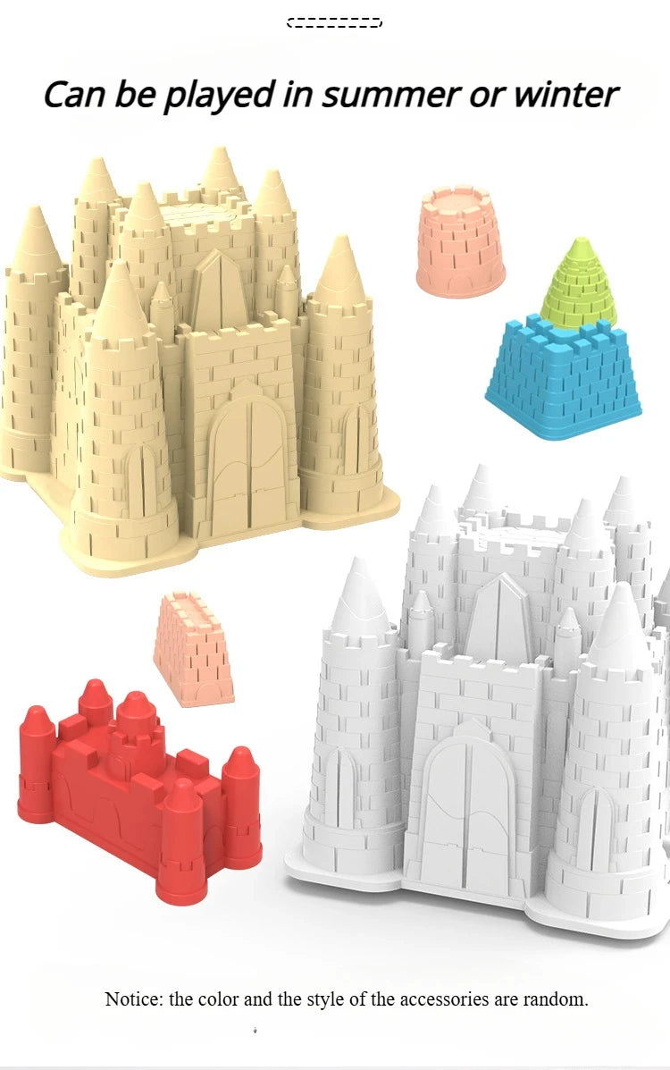 A set of castle sand play accessories including a large castle structure, towers, and various colored pieces for summer or wi
