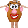A costume featuring a face mask resembling Mr. Potato Head, with large eyes and pink ears, worn by a person.
