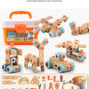 A DIY assembly kit for children featuring various wooden and plastic tools, including a toy drill and components for learning