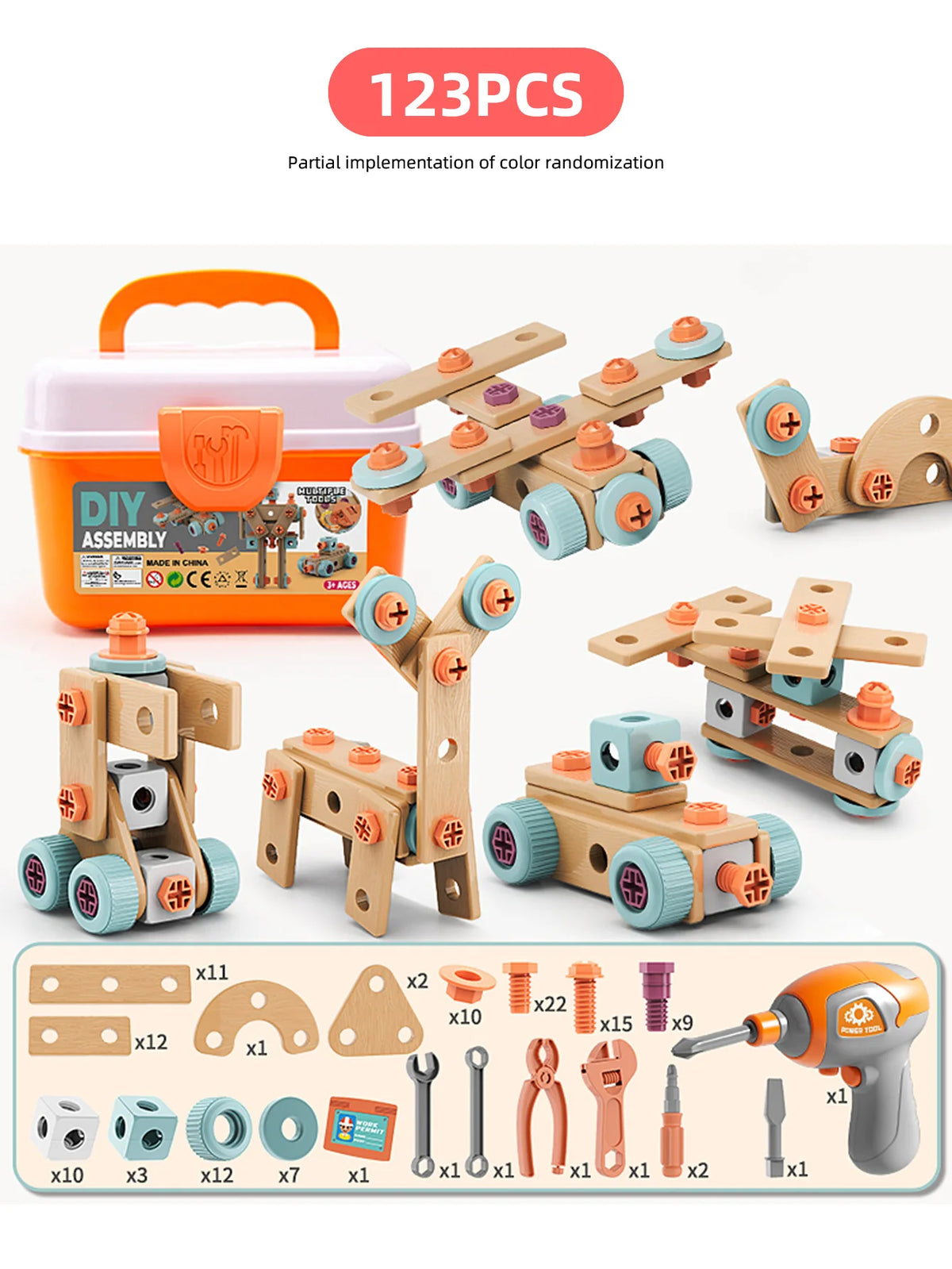 A DIY assembly kit for children featuring various wooden and plastic tools, including a toy drill and components for learning