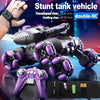 A black and purple stunt tank vehicle is shown with its folding and developed sizes, along with remote controls and accessori
