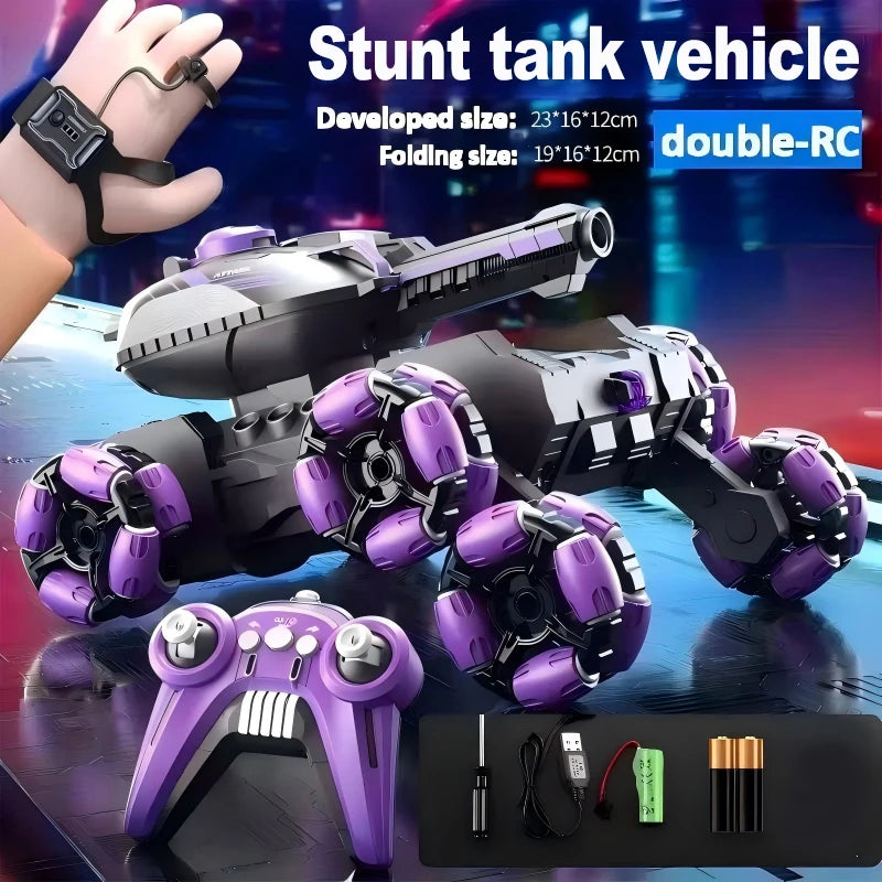 A black and purple stunt tank vehicle is shown with its folding and developed sizes, along with remote controls and accessori