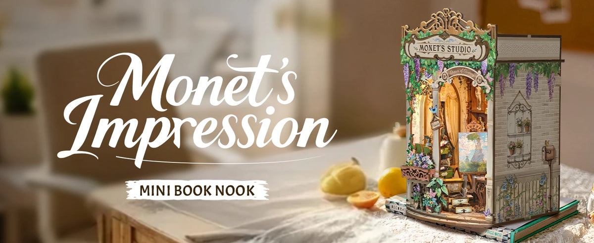A miniature wooden book nook kit depicting a scene inspired by Monet's Impressionism.