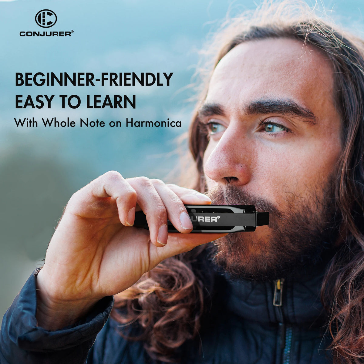 A man holds a black harmonica, demonstrating the beginner-friendly ease of learning with a whole note on the instrument.