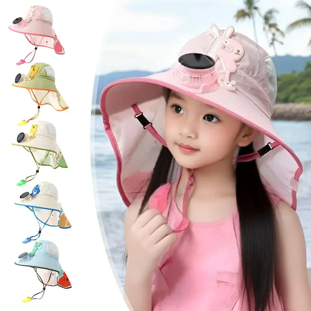 A young girl is holding a pink sun hat with a fan and charging cord, showing various styles of the solar-powered cooling hat.