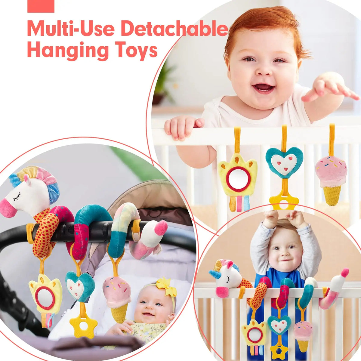 Un bébé tient un ensemble de jouets suspendus détachables et colorés, comprenant des maracas et des miroirs.