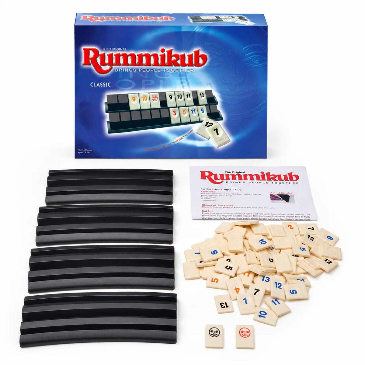 A box and several black tiles of the Classic Rummikub tile strategy game with black racks.
