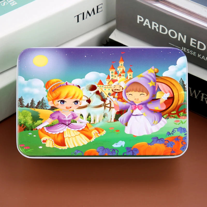 A colorful jigsaw puzzle featuring characters from a fairy tale in a vibrant outdoor setting.
