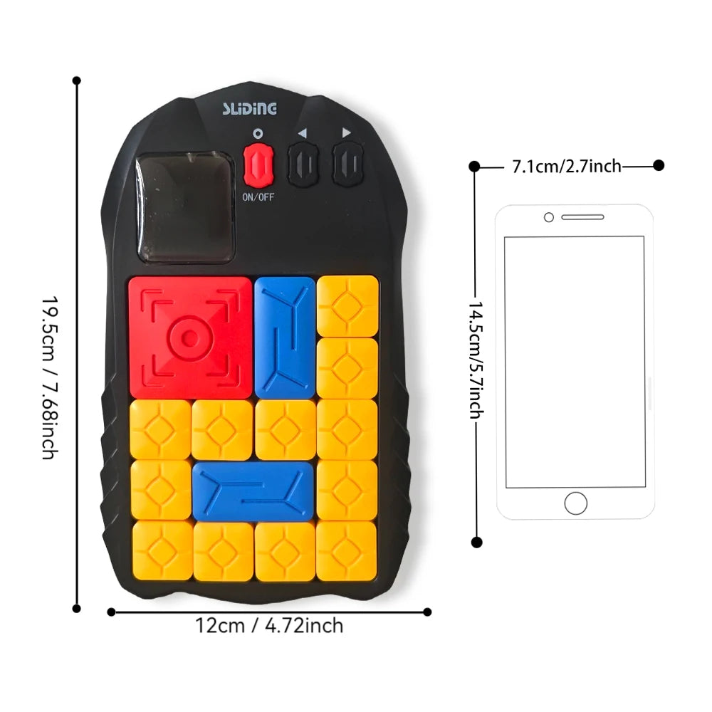 A black electronic sliding block puzzle with an LED screen and various colored blocks.