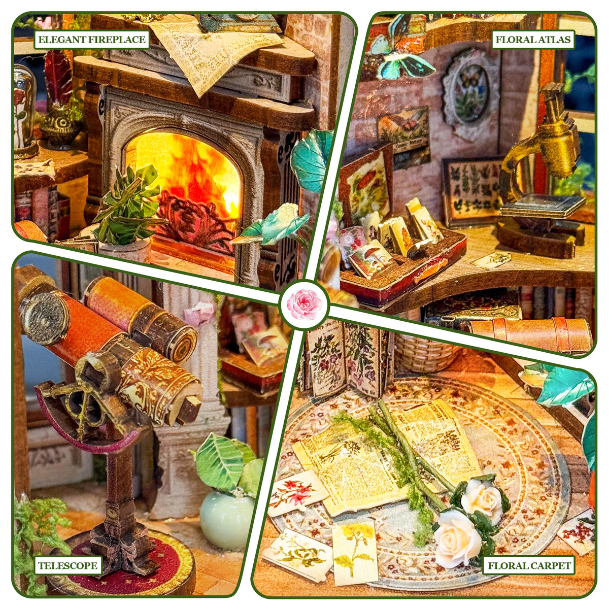 A collection of DIY wooden floral book nook kits featuring various decorative elements and a telescope.