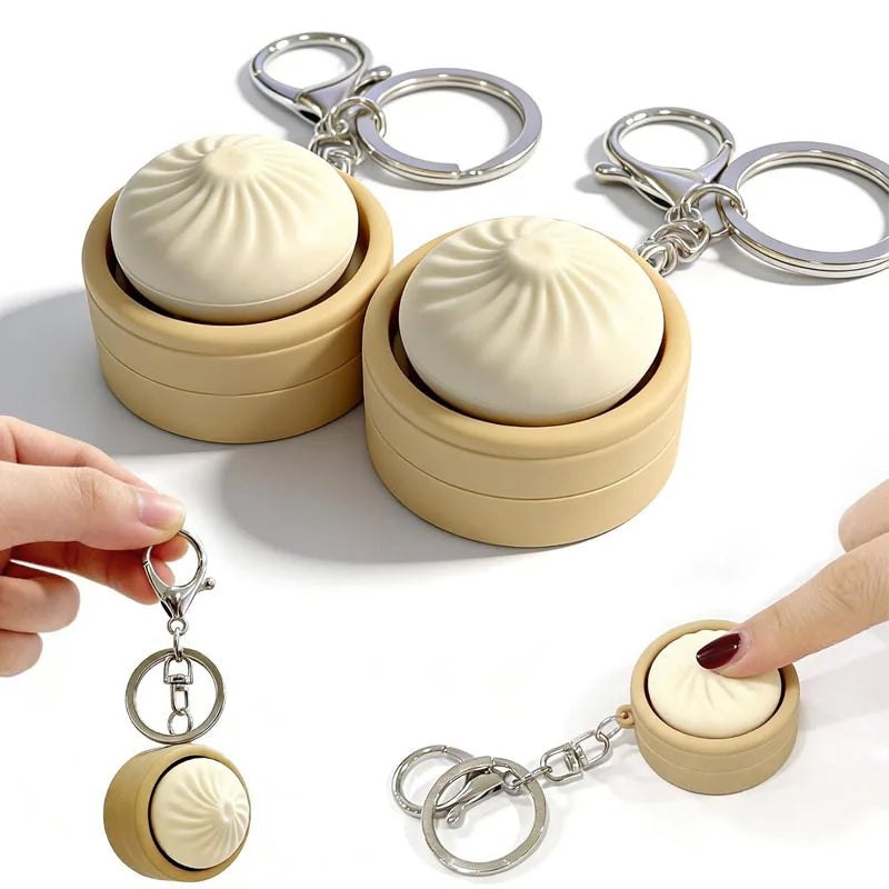A set of beige silicone fidget toys and metal keychains for stress relief and as accessories.