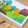 A colorful drawing and coloring book open to a page featuring a yellow bird on a green landscape.