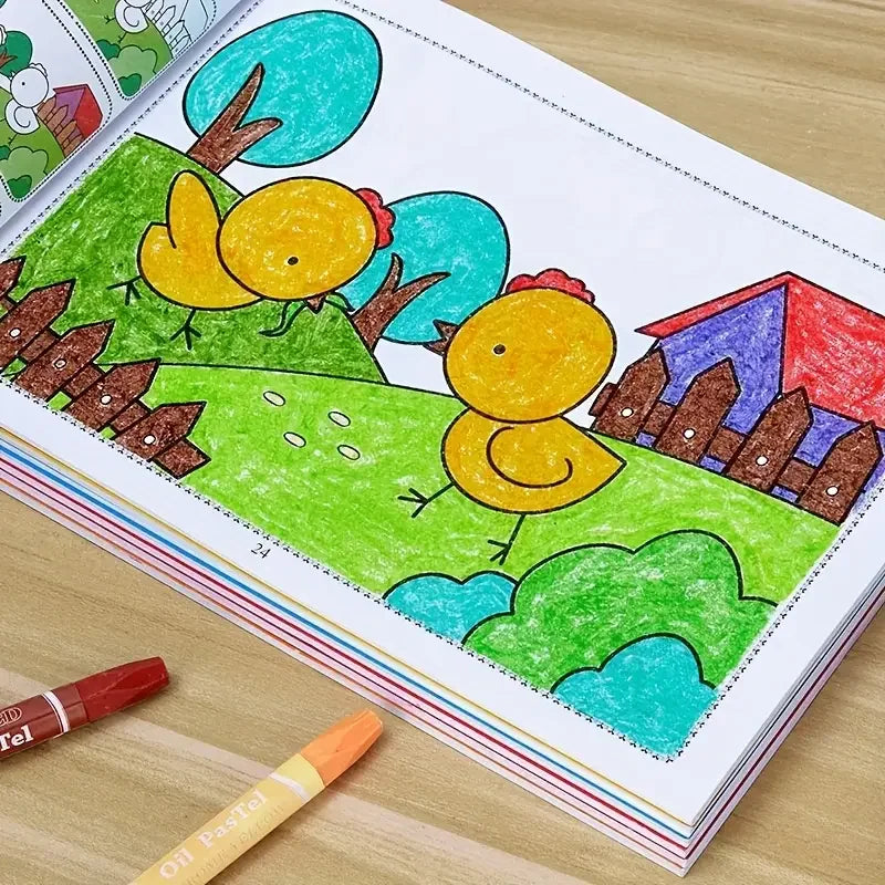 A colorful drawing and coloring book open to a page featuring a yellow bird on a green landscape.