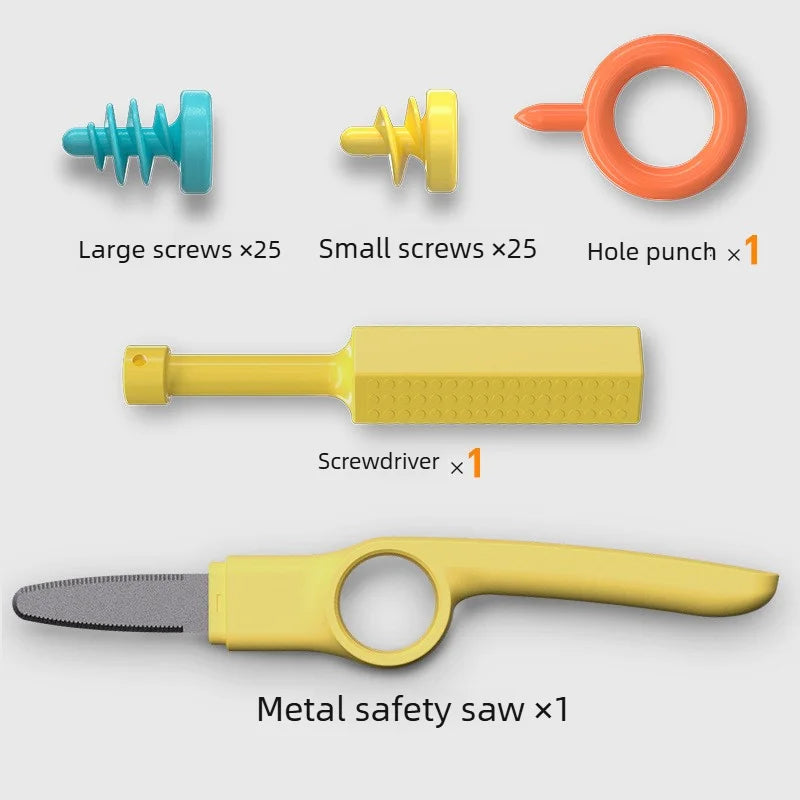 A set of tools including large and small screws, a hole punch, a screwdriver, and a metal safety saw for a cardboard construc