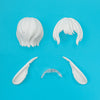 White sculpted hair pieces for a doll blind box displayed on a blue background