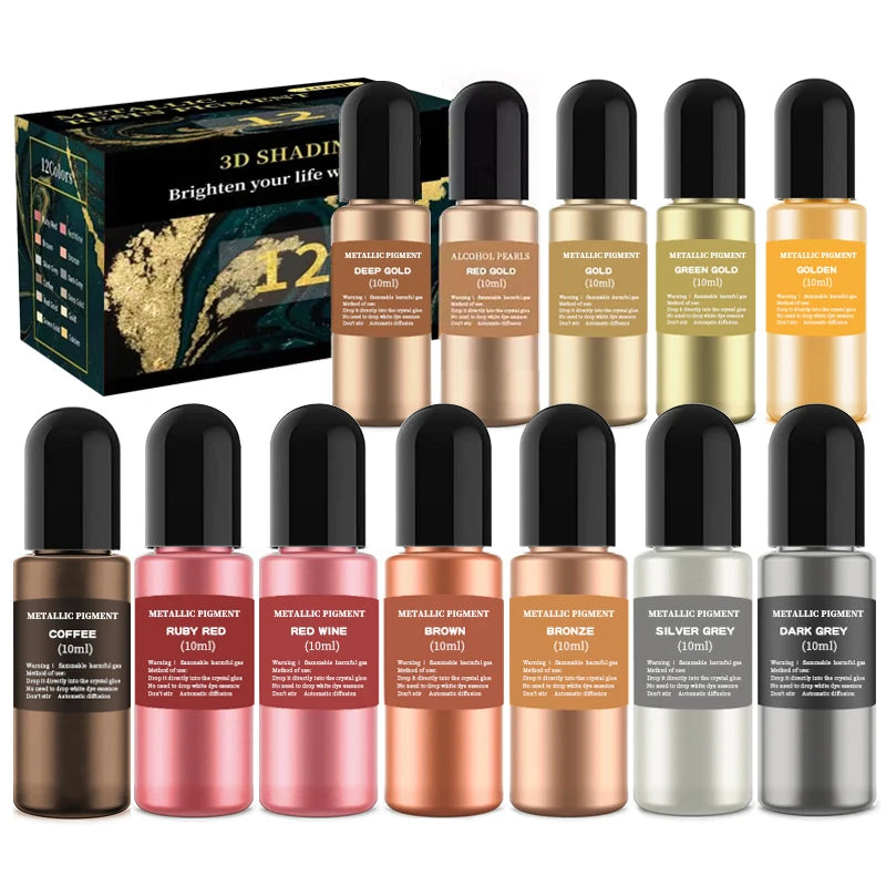 A collection of 12 metallic pigment tubes in various colors including gold, red, brown, and silver for crafting.