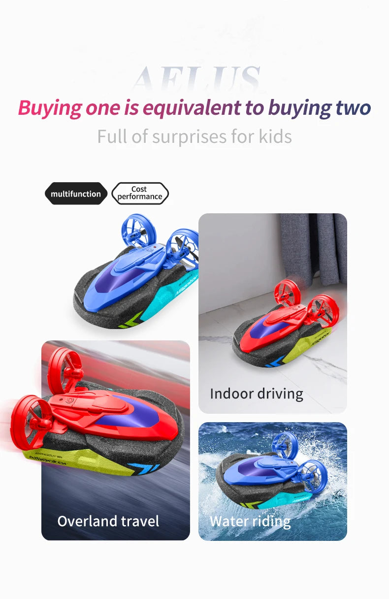 Bateau RC électrique amphibie 2-en-1, montrant différents modes : conduite intérieure, transport terrestre et navigation aqua