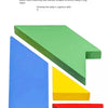 A set of colorful wooden tangram puzzle pieces including blue, green, yellow, and red geometric shapes.